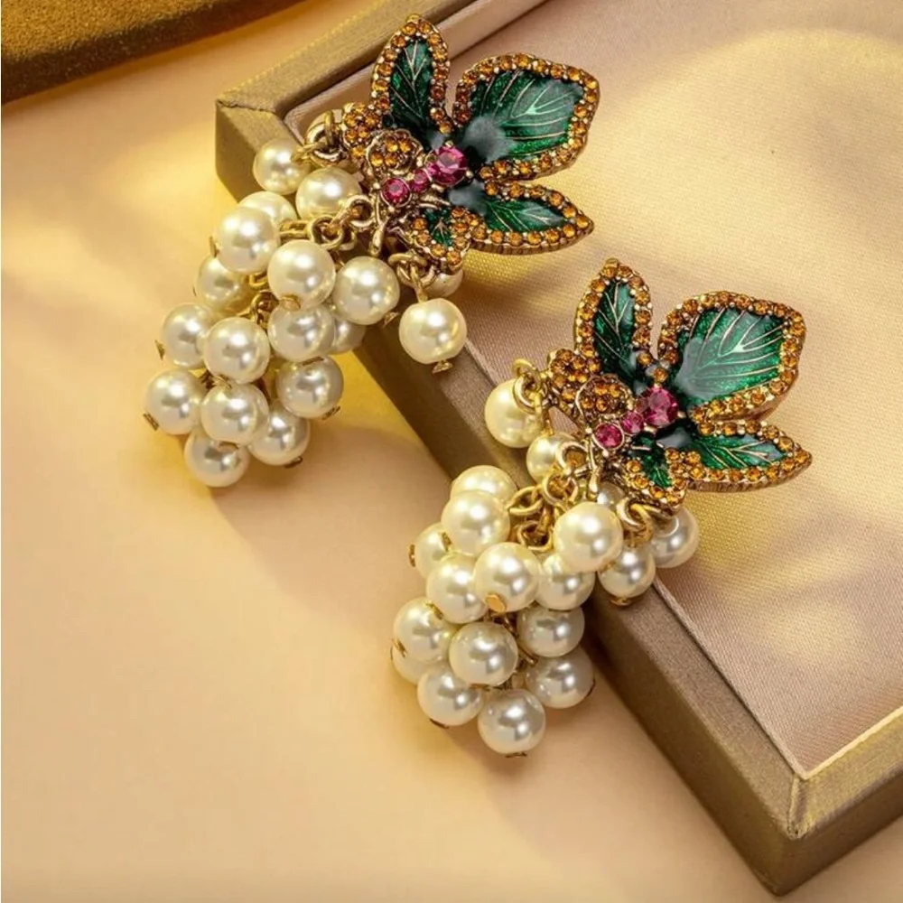 Elegant Pearl and Green Leaf Earrings